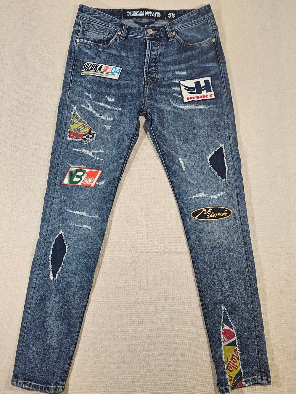 Billionaire Boys Club Slim Blue Denim Jeans with Multicolor Graphic Patch